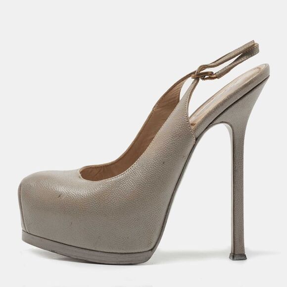 Saint Laurent Grey Leather Tribtoo Platform Slingback Pumps Size 35